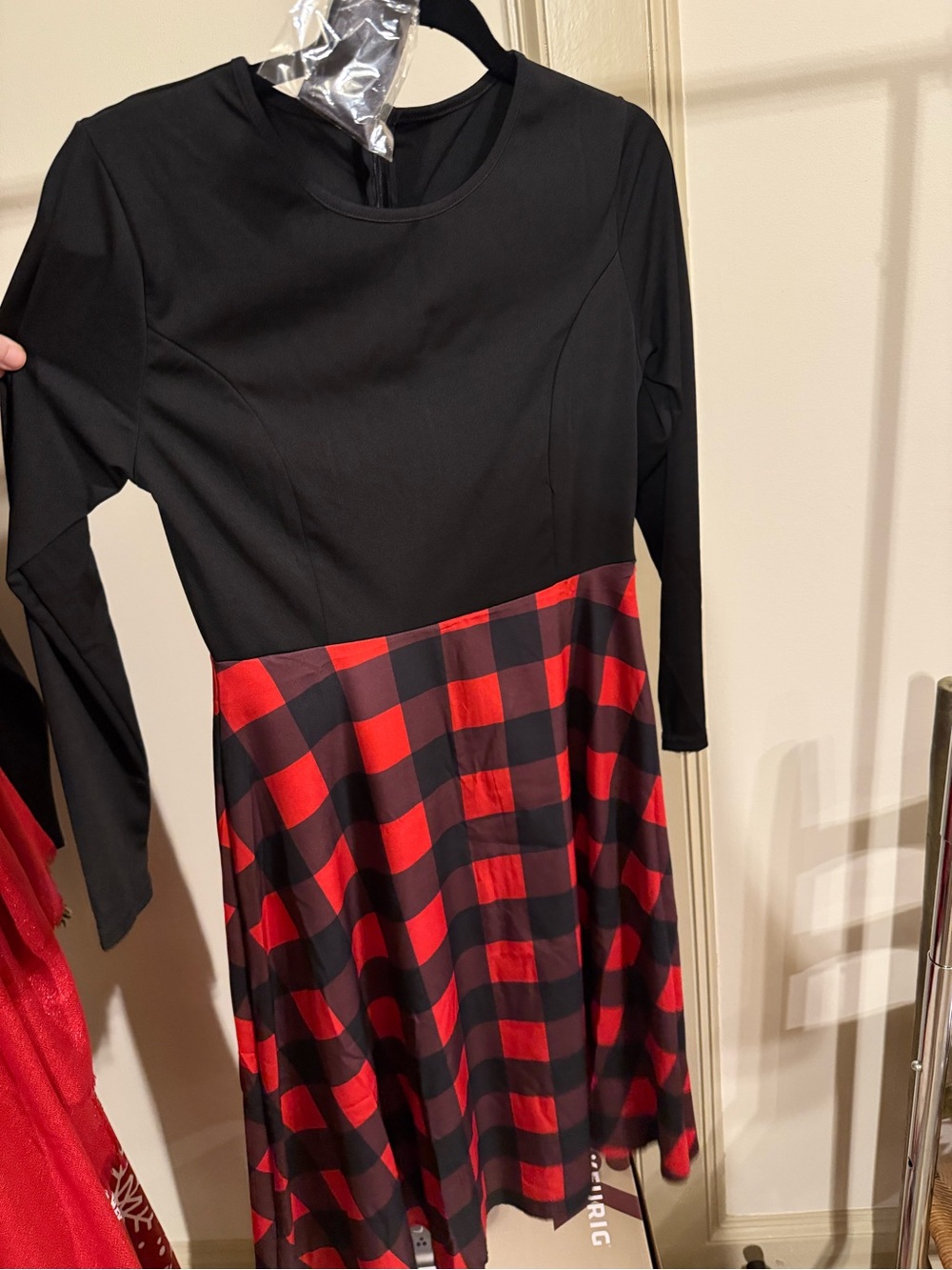 Amazon Black Long Sleeve Dress with Red Buffalo Plaid Skirt